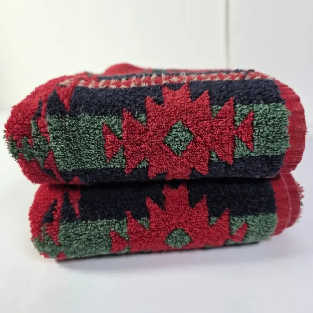 RALPH LAUREN Vintage 90s Southwest Tribal Aztec Cotton Bath/HandTowels Set 2